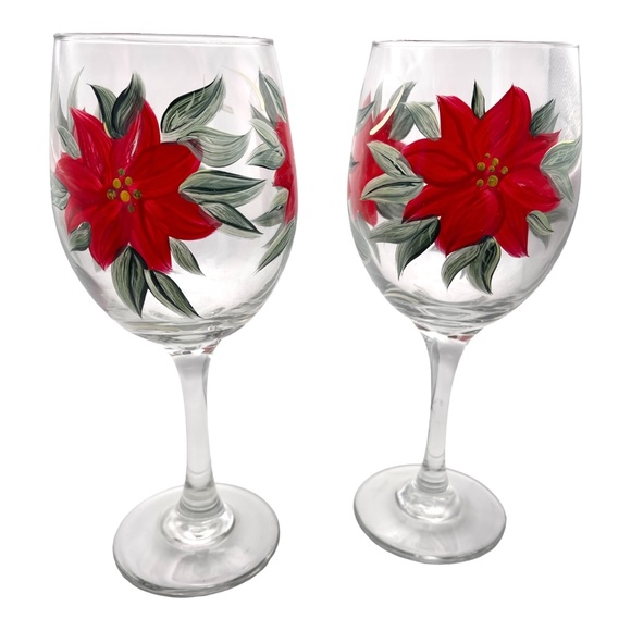 Set of 2 Hand-Painted Poinsettia Water Goblets, 9" Tall x 3.25" wide - Picture 1 of 4